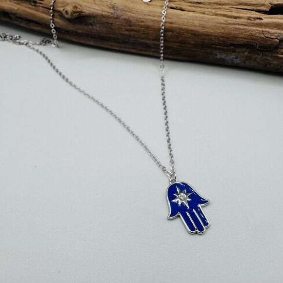 Sterling Silver Blue Enamel Hamsa Star of David Necklace - Picture 3 of 5